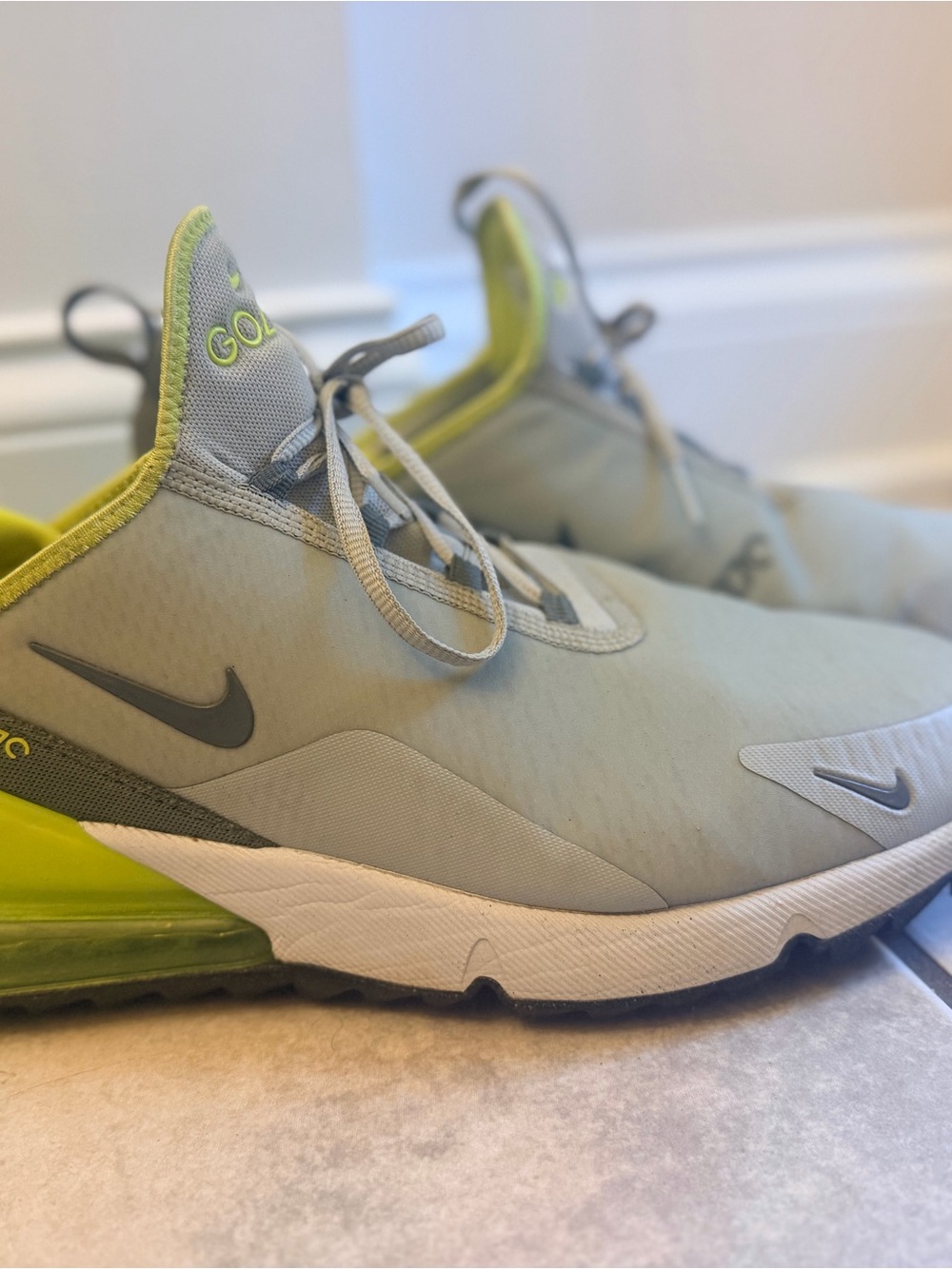 Nike Air Max 270 Golf Shoes in Light Gray with Neon Yellow Accents